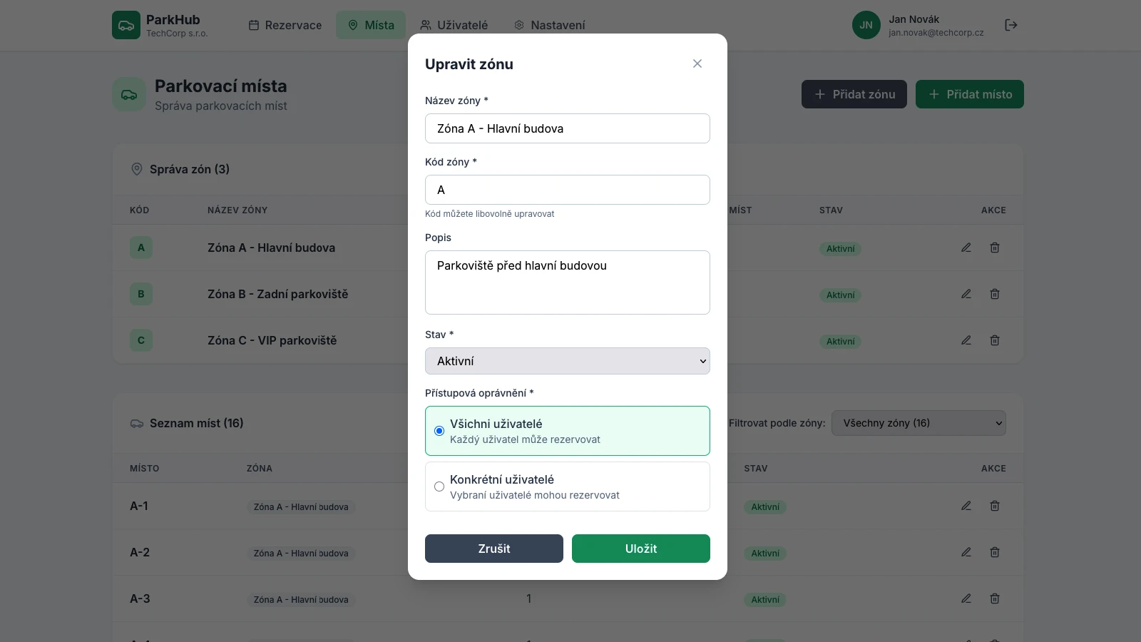 ParkHub aplikace - správa zón a parkovacích míst