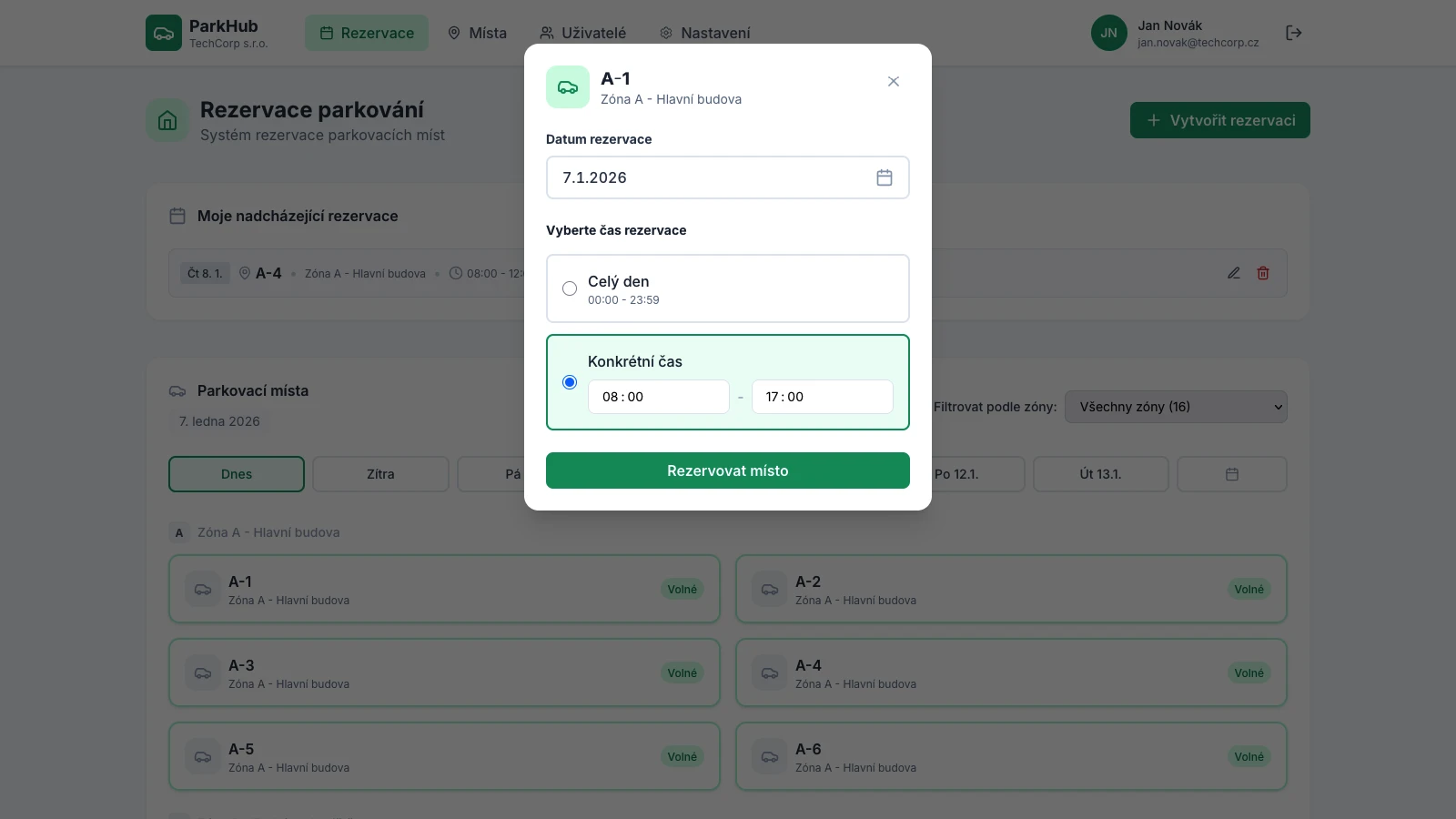 ParkHub aplikace - administrační rozhraní